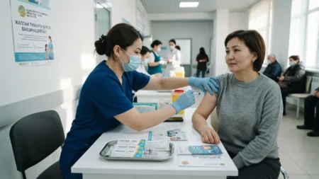 Қазақстанда тұмауға қарсы тегін вакцинациялау науқаны басталды Қазақстанда тұмауға қарсы тегін вакцинациялау науқаны басталды тақырыбы бойынша иллюстрациялық сурет