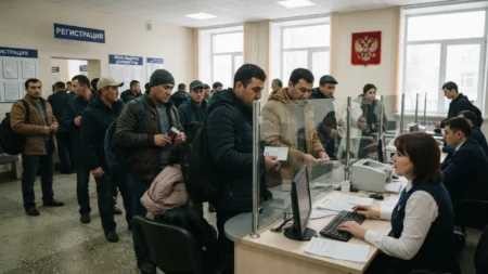 Россия планирует ужесточить правила для трудовых мигрантов в 2027 году Россия планирует ужесточить правила для трудовых мигрантов в 2027 году тақырыбы бойынша иллюстрациялық сурет