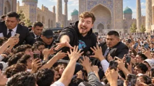 Самарқандқа блогер Mr.Beast-тің келіп, халық бірін-бір таптауға шақ қалды тақырыбы бойынша иллюстрациялық сурет