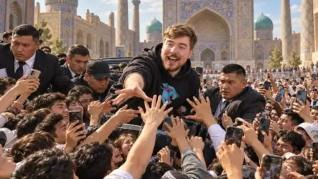 Самарқандқа блогер Mr.Beast-тің келіп, халық бірін-бір таптауға шақ қалды Самарқандқа блогер Mr.Beast-тің келіп, халық бірін-бір таптауға шақ қалды тақырыбы бойынша иллюстрациялық сурет